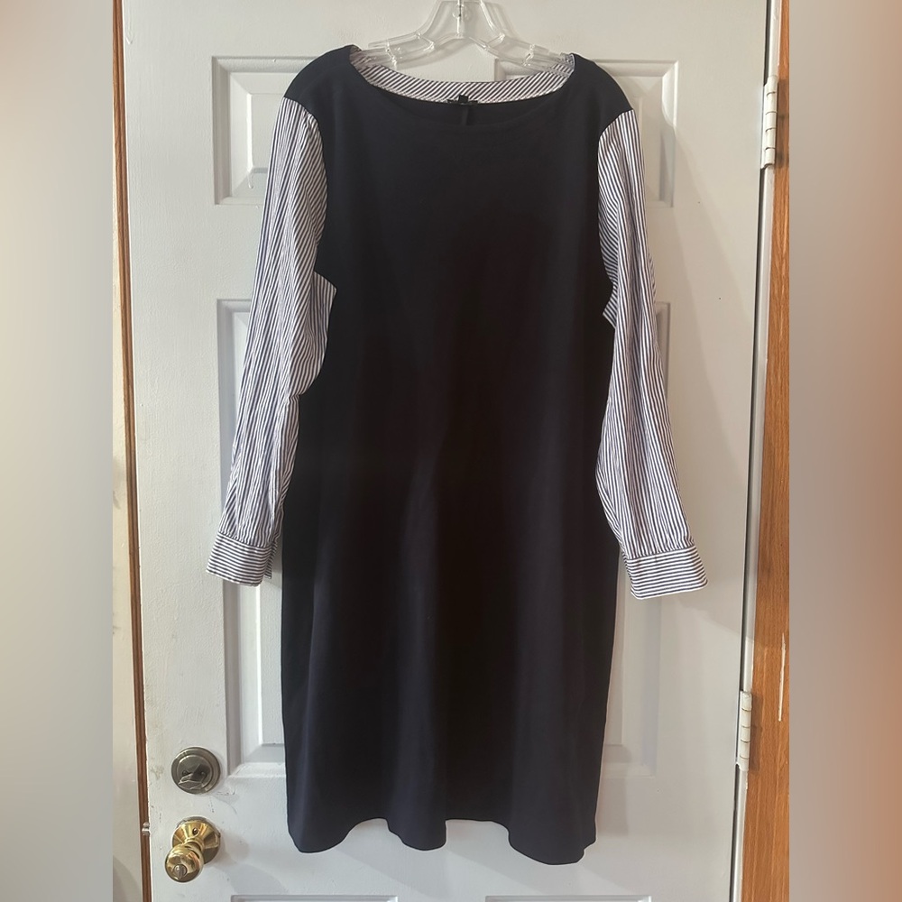 Talbots 100% cotton Navy Shift Dress Stripe Shirt Sleeves XL.
